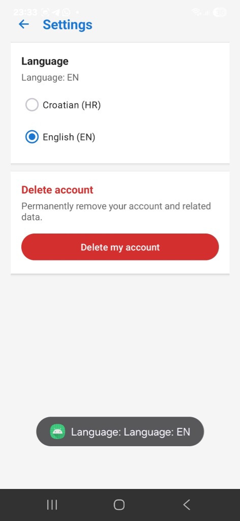 Settings screen with Delete Account button